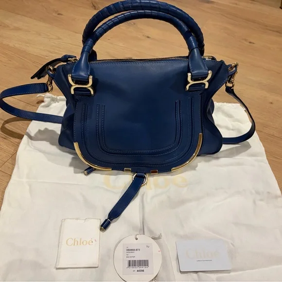 Chloe Marcie Satchel Navy Shoulder Bag with Gold Details